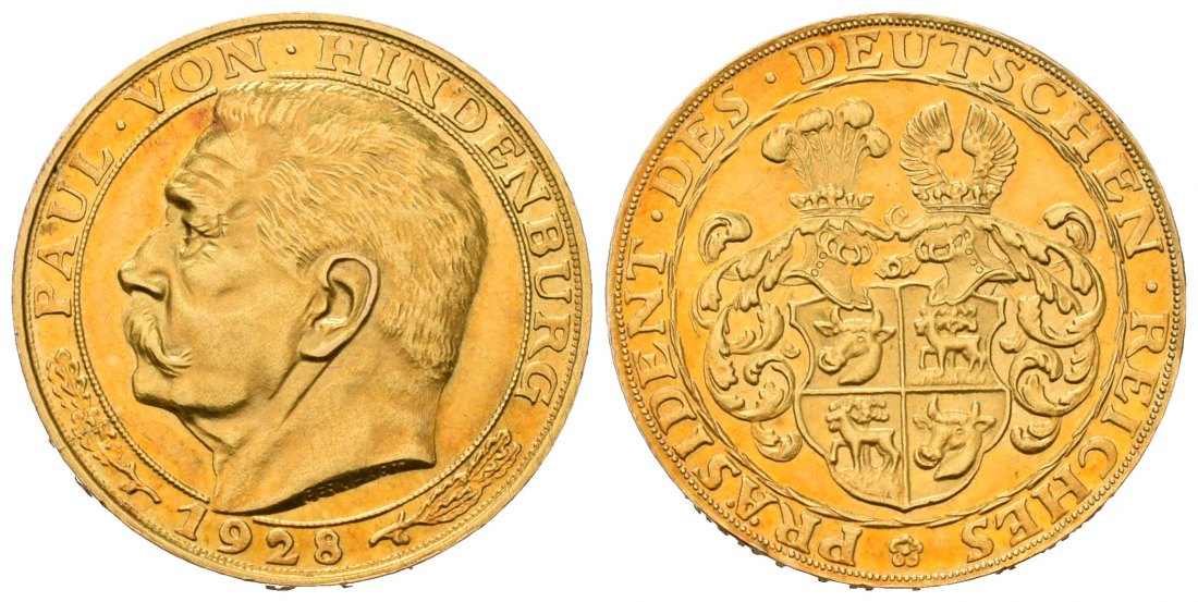 PEUS 7044 Weimarer Republik 4,88 g Feingold / 22,5 mm. Paul v.Hindenburg (Probe 20 Mark) Goetz-Medaille GOLD 1928 B Berlin Kl. Kratzer, Vorzüglich