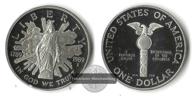  USA,  1 Dollar   1989 S    Congress Bicentennial    FM-Frankfurt   Feinsilber: 24,06g   