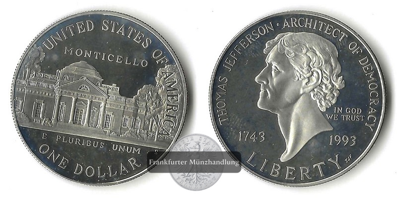  USA  1 Dollar 1993 S  250th Anniversary - Birth Thomas Jefferson   FM-Frankfurt  Feinsilber: 24,06g   