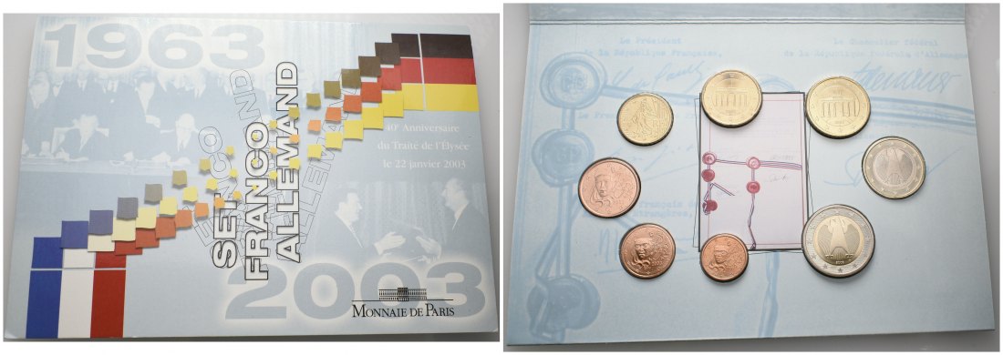 PEUS 7247 BRD / Frankreich 3,88 Euro in Verpackung. 40 Jahre Elysée-Vertrag Euro-KMS Satz (8 Münzen) 2003 Uncirculated