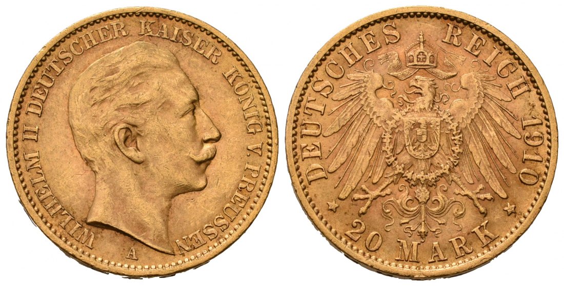 PEUS 7137 Kaiserreich - Preußen 7,16 g Feingold. Wilhelm II.(1888 - 1918) 20 Mark GOLD 1910 A Kl. Kratzer, Sehr schön