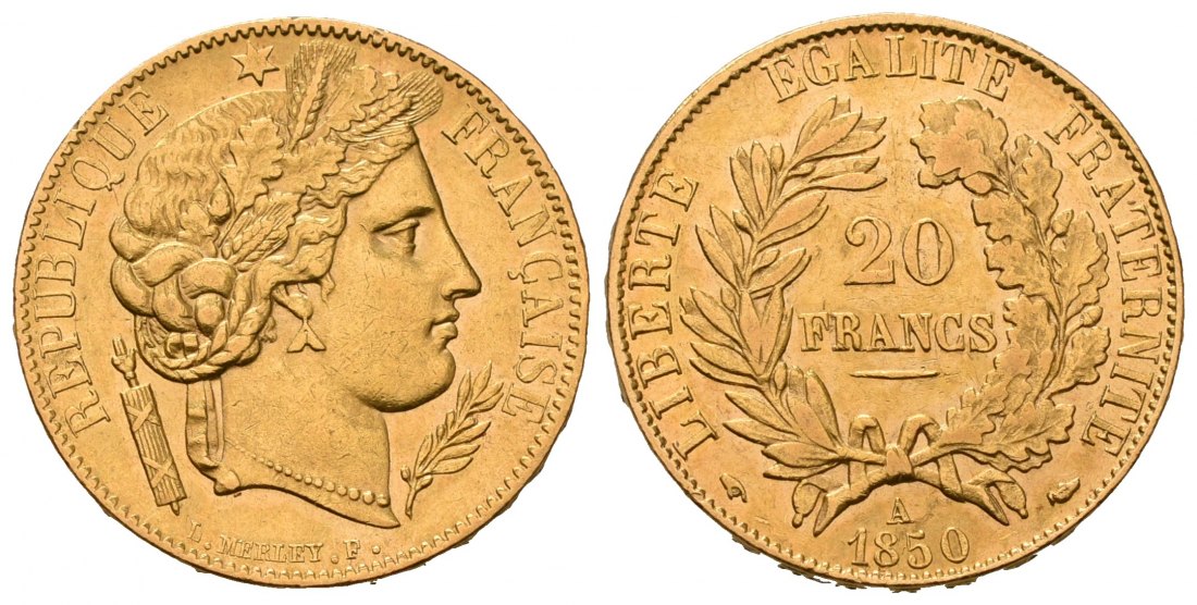 PEUS 7150 Frankreich 5,81 g Feingold. Zweite Republik (1848 - 1852) 20 Francs GOLD 1850 A Kl. Kratzer, sehr schön