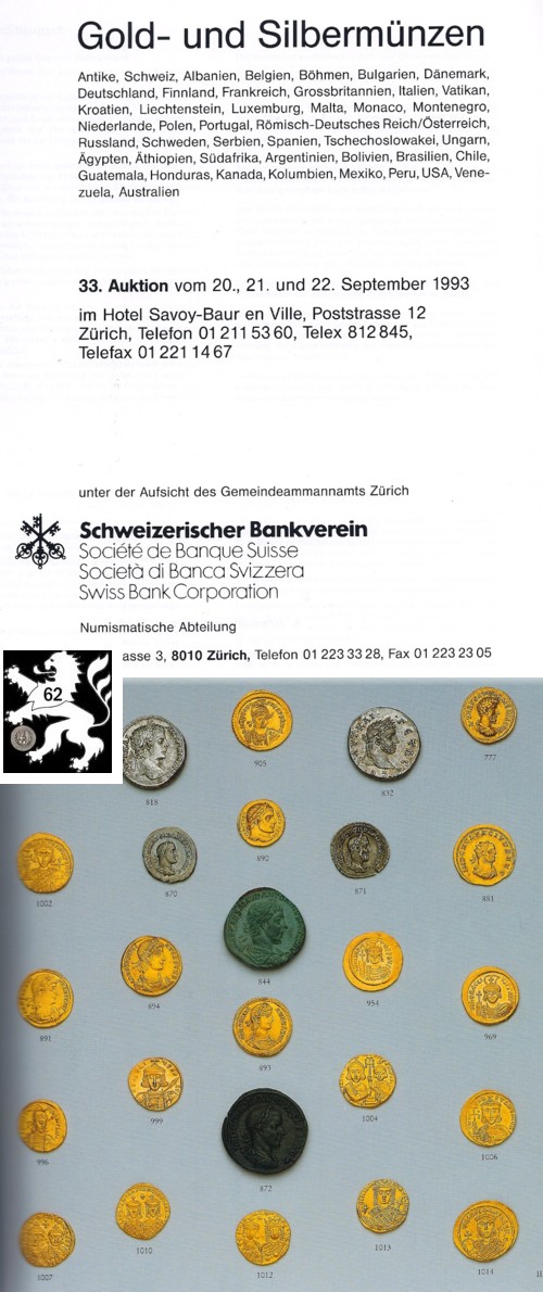  Schweizerischer Bankverein (Zürich) Auktion 33 (1993) Gold & Silbermünzen Antike Mittelalter Neuzeit   