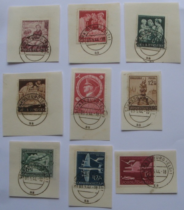  1944, Deutschland (Drittes Reich), ein Satz 9 Briefmarken auf Karten, Poststempel: 3. Mai 1944   