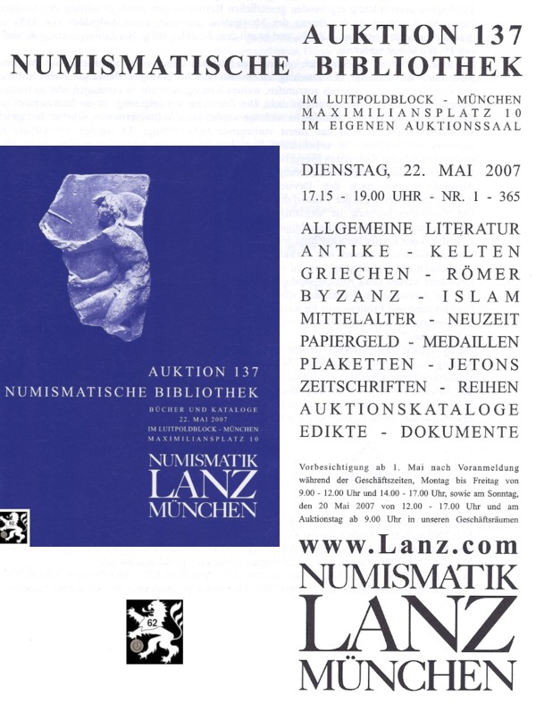  Lanz ( München ) Auktion 137 (2007) Numismatische Bibliothek - Bücher und Auktionskataloge   