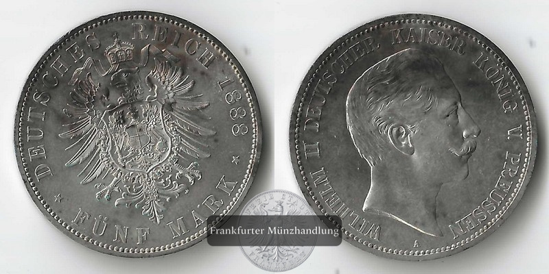  Preussen, Kaiserreich  5 Mark  1888 A  Wilhelm II. 1888-1918   FM-Frankfurt Feinsilber: 25g   