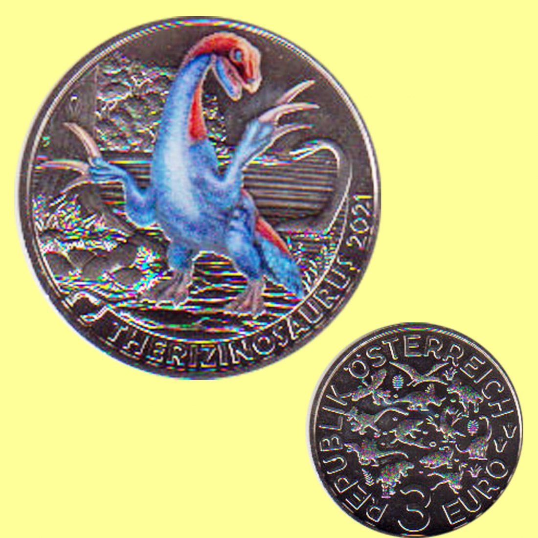  Offiz. 3-Euro-Farbmünze Österreich *Therizinosaurus Cheloniformi* 2021 Nachtaktive Münzen   