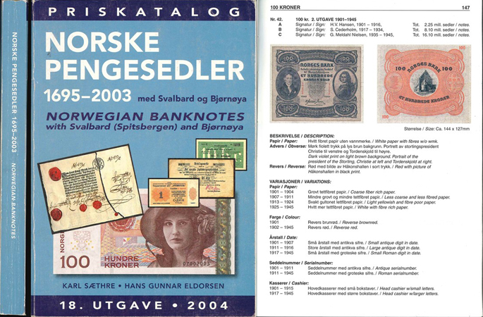  Saethre, Karl & Eldorsen,Hans Gunnar;Norske Pengesedler 1695-2003;Norwegian Banknotes;18.Utgave 2004   