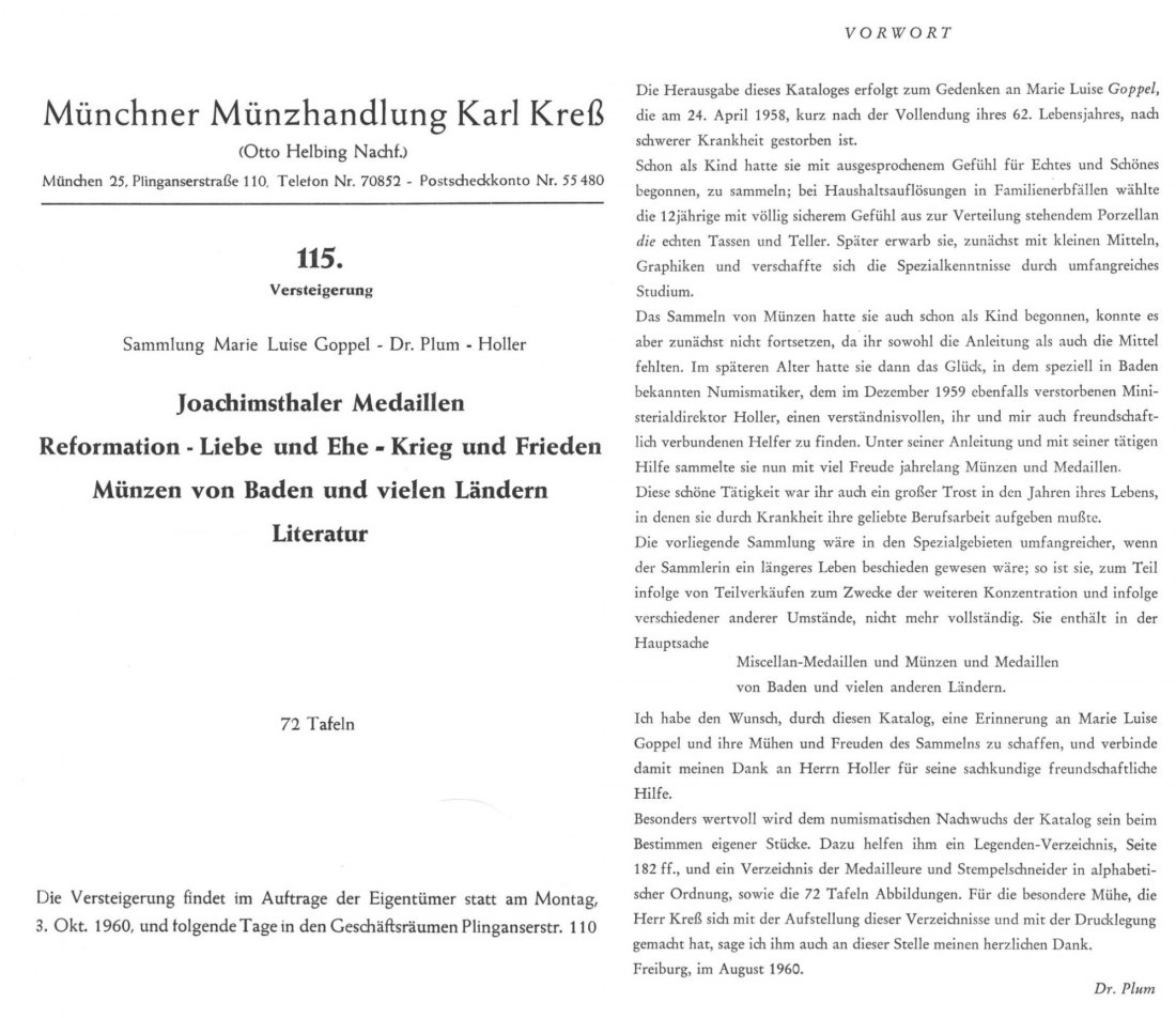  Kreß (München) Auktion 115 (1960) Medaillen & Plaketten Sammlung Marie Luise Goppel ,Dr Plum Holler   