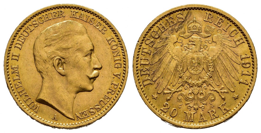 PEUS 7772 Preußen - Kaiserreich 7,16 g Feingold. Wilhelm II. (1888 - 1918) 20 Mark GOLD 1911 A Kl. Kratzer, Sehr schön