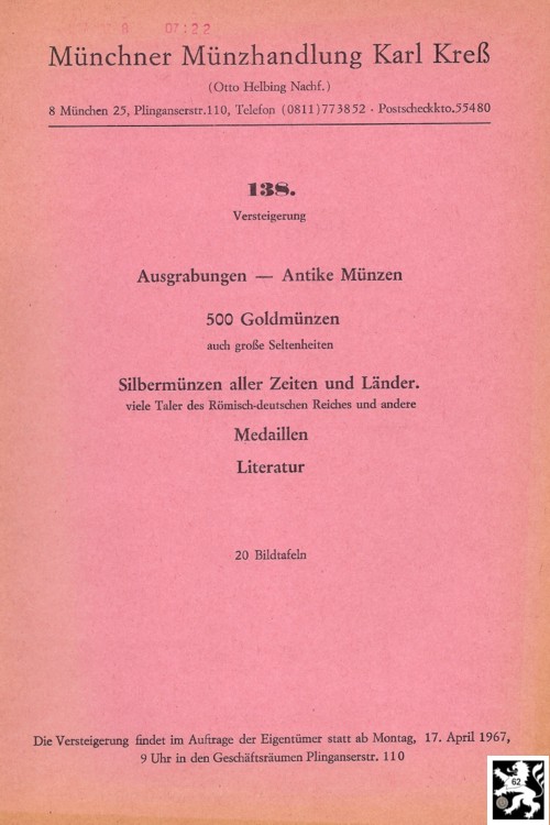  Kreß (München) Auktion 138 (1967) Antike bis Neuzeit - viele Taler des Römisch-deutschen Reiches ua.   