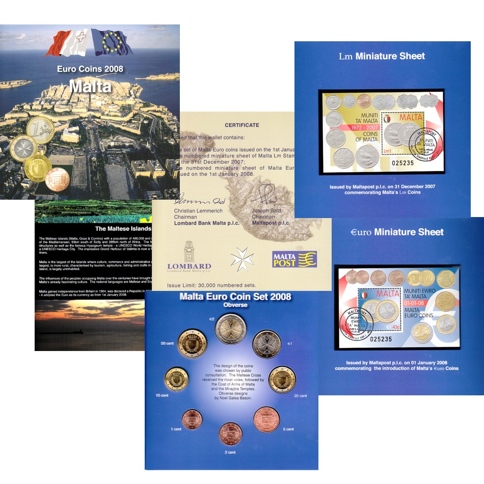  Offiz. Euro-KMS Malta *Postausgabe* 2008 mit 2 Briefmarkenblöcken mit Sonderstempel   