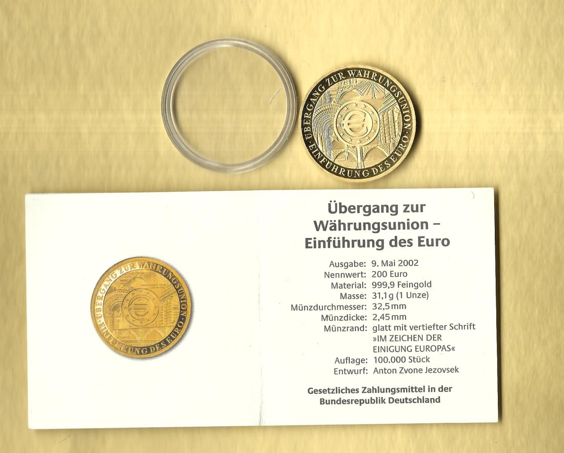  BRD 200 Euro 999 Gold 2002 A  1 Unze  mit Zert. Golden Gate Münzenankauf Koblenz Frank Maurer j741   