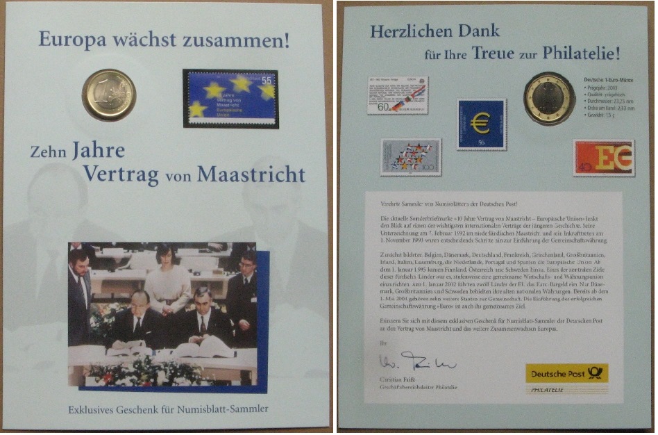  2003, Deutschland, Numisblatt: „Europa wächst zusammen – Zehn Jahre Vertrag von Maastricht”   