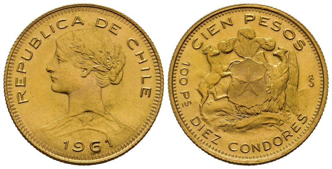 PEUS 7893 Chile 18,31 g Feingold 100 Pesos GOLD 1961 Fast Stempelglanz