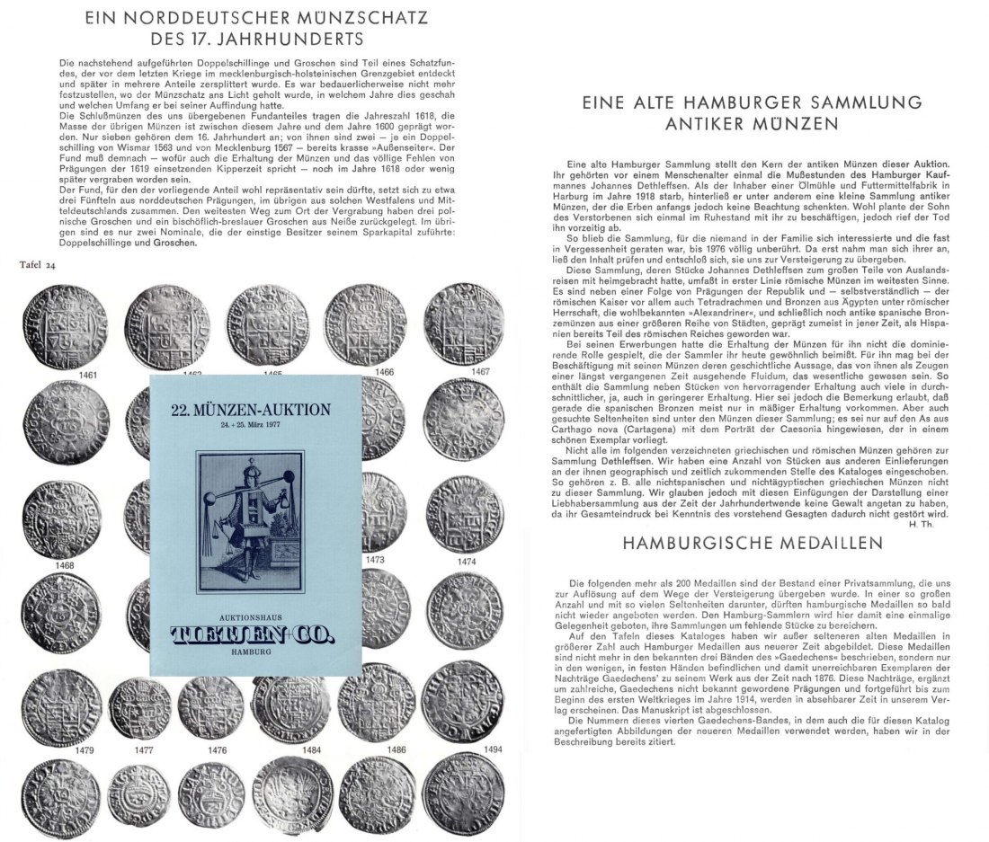  Tietjen (Hamburg) Auktion 22 (1977) Sammlung Hamburgische Medaillen / Norddeutscher Münzschatz 17 Jh   