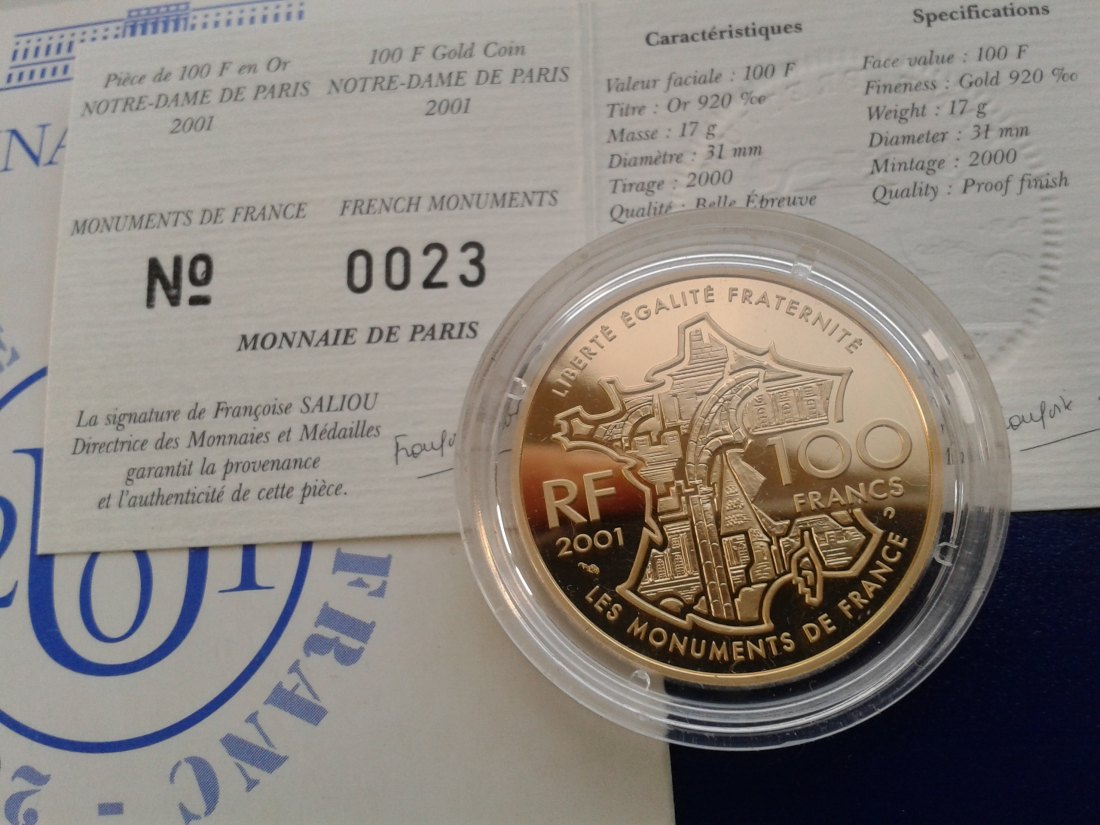  Original 100 Francs 2001 PP Frankreich Notre Dame 17g 920er Gold RARITÄT geringe Auflage   