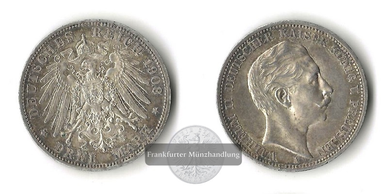 Preussen, Kaiserreich  3 Mark  1908 A  Wilhelm II. 1888-1918    FM-Frankfurt   Feinsilber: 15g   