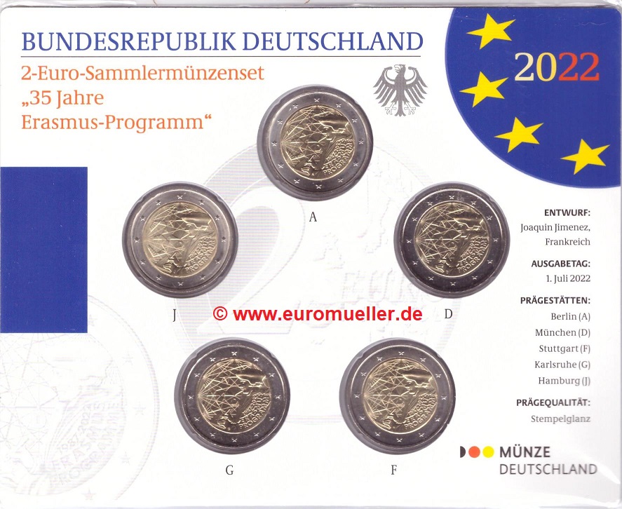 Deutschland 5x 2 Euro Gedenkmünze 2022...Erasmus...stgl./bu.   
