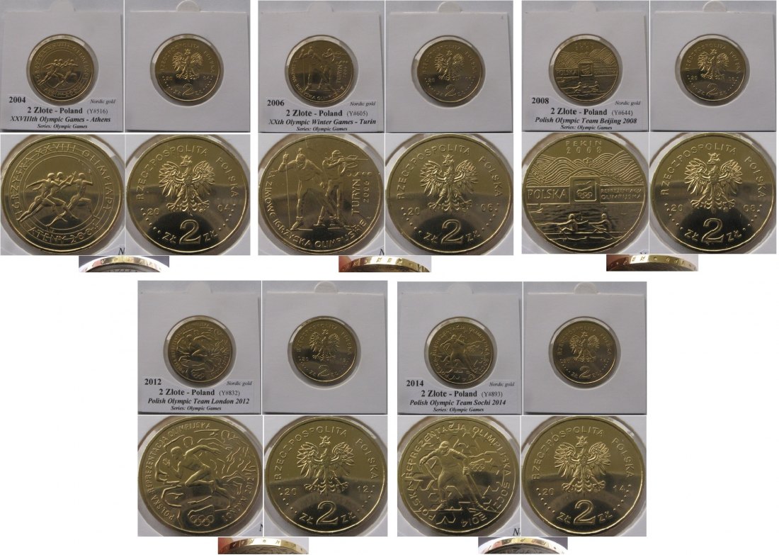  2004-2014,Poland, 2 złoty commemorative coins series: Olympic Games (5 pcs)   