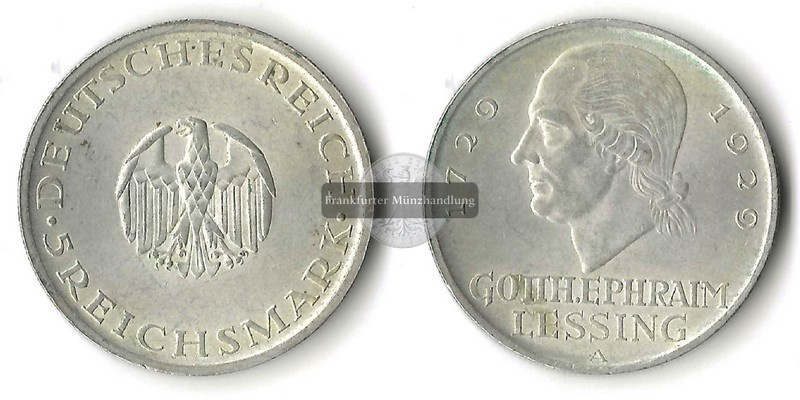  Deutsches Reich, Weimarer Rep.  5 Reichsmark  1929 A FM-Frankfurt  Feinsilber: 12,5g   