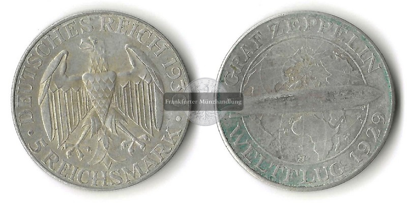  Deutsches Reich, Weimarer Republik  5 Reichsmark  1930  Graf Zeppelin FM-Frankfurt Feinsilber:12,5g   