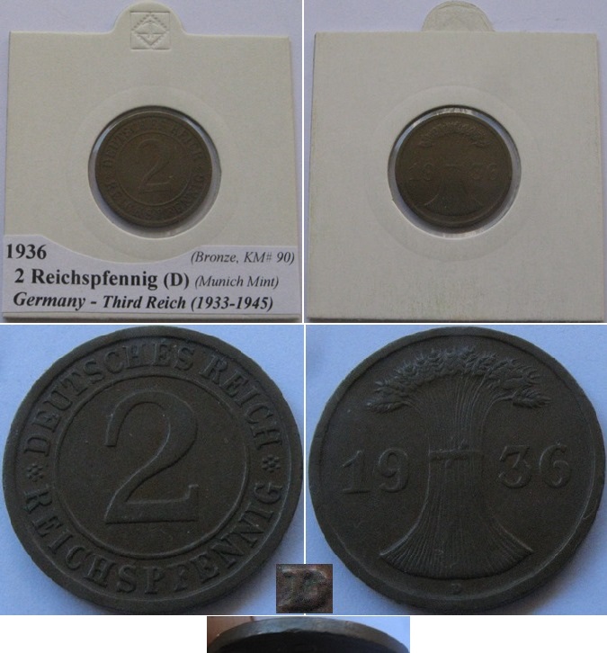  1936, Deutschland (Drittes Reich), 2 Reichspfennig (D)   