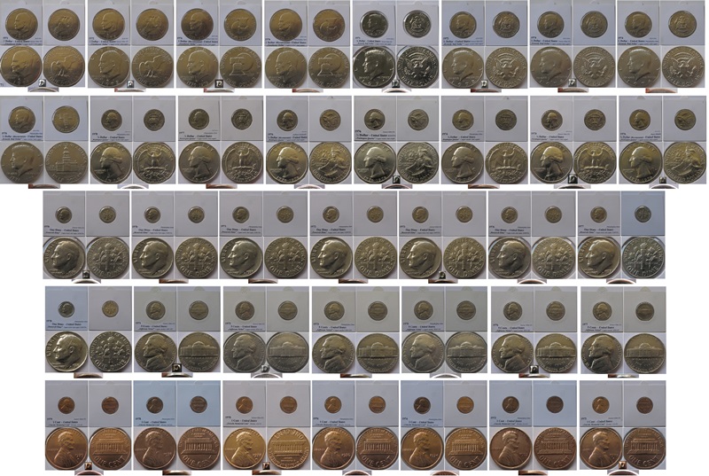  1970-1979, United States, a set 37 coins from 1 cent to 1 dollar   