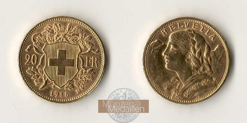 Schweiz MM-Frankfurt Feingewicht: 5,81g Gold 20sFR 1915 B Vreneli