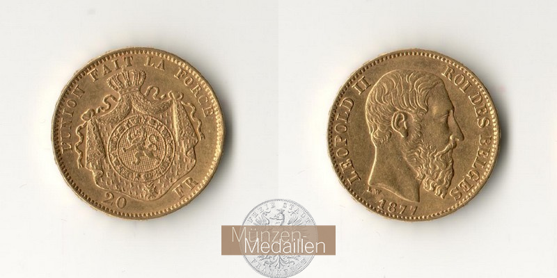 Belgien 20 Francs Leopold II MM-Frankfurt Feingold: 5,81g  1877 