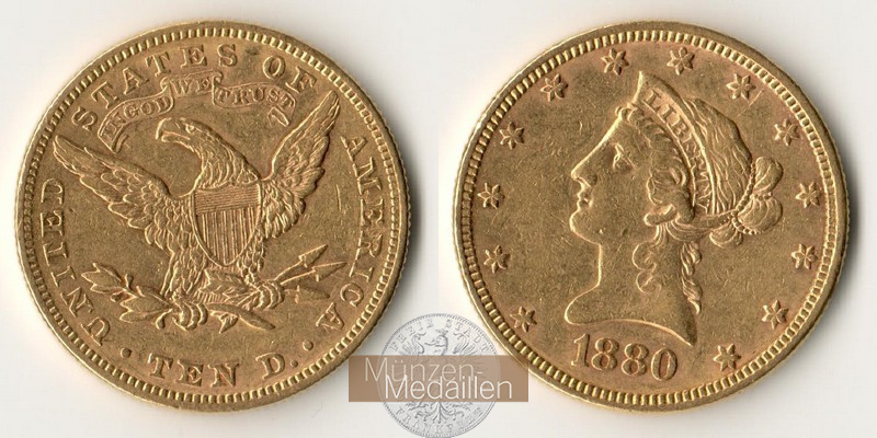 USA  10 Dollar MM-Frankfurt Feingold: 15,05g Kopf mit Krone 1880 