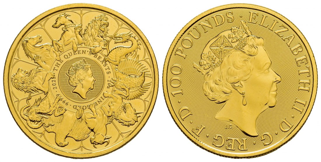 PEUS 8251 Grossbritannien 31,1 g Feingold. Completer Coin 100 Pounds Queens Beasts GOLD Unze 2021 Uncirculated (Kapsel)