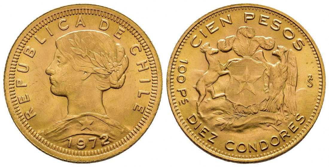 PEUS 8267 Chile 18,31 g Feingold 100 Pesos GOLD 1972 Kl. Kratzer, fast Stempelglanz