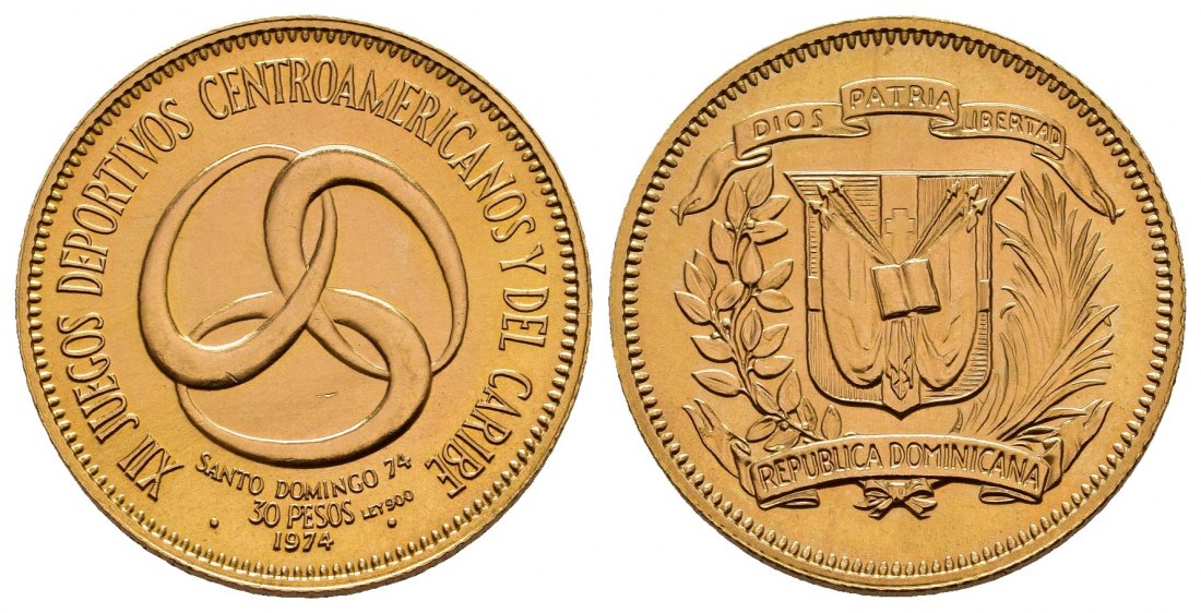 PEUS 8272 Domenikanische Republik 10,53 g Feingold. 12ten Zentralamerika- und Karibikspiele 30 Pesos GOLD 1974 Fast Stempelglanz