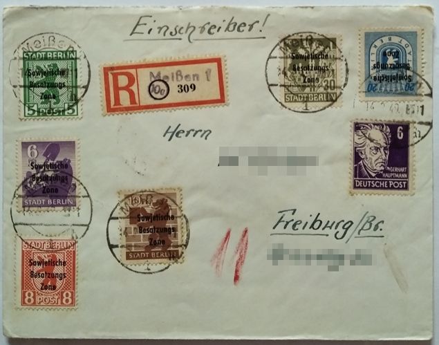 1949, Germany, envelope with set of 7 German stamps from Soviet occupation zone   