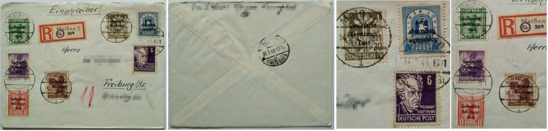  1949, Deutschland, ein Umschlag mit einem Satz 7 deutscher Briefmarken aus der SBZ   