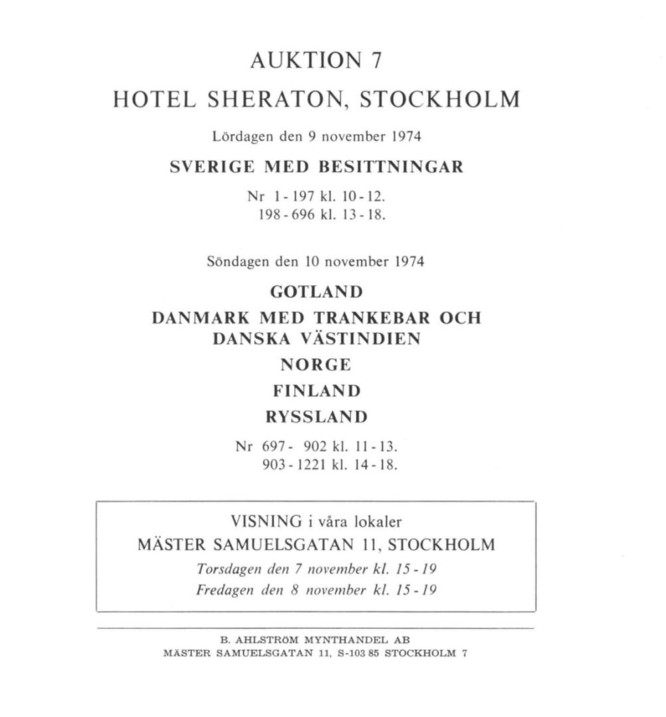  Ahlström Mynthandel (Stockholm) Auktion 07 (1974) Sverige - Danmark - Norge - Finland - Ryssland   