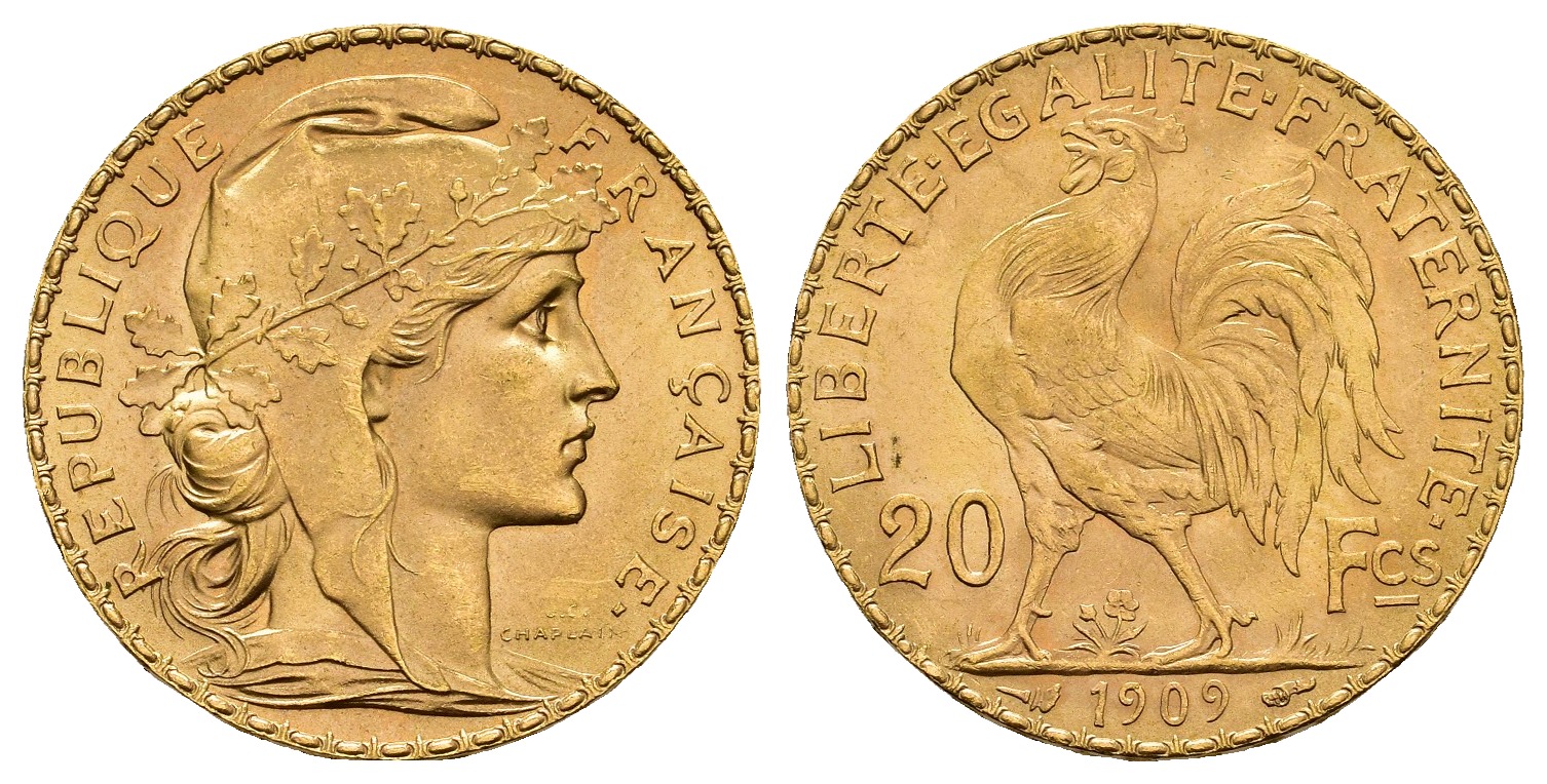 PEUS 8401 Frankreich 5,81 g Feingold. Marianne 20 Francs GOLD 1909 Kl. Kratzer, fast Stempelglanz