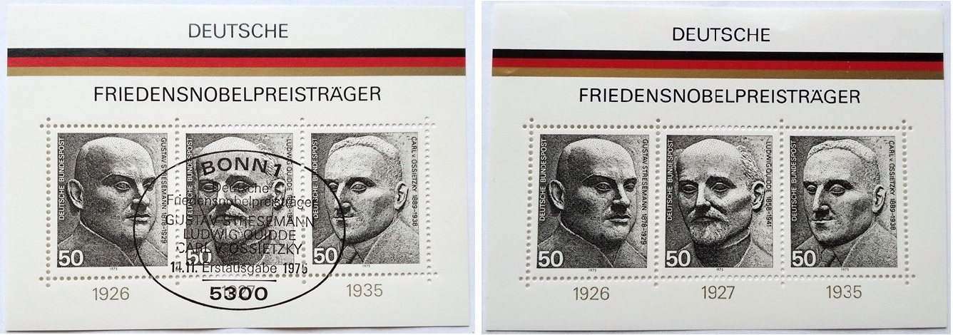  1975, Deutschland, 2 St.Briefmarkenbogen: Deutsche Friedensnobelpreisträger, postfrisch   