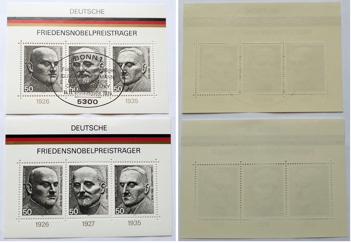  1975, Deutschland, 2 St.Briefmarkenbogen: Deutsche Friedensnobelpreisträger, postfrisch   