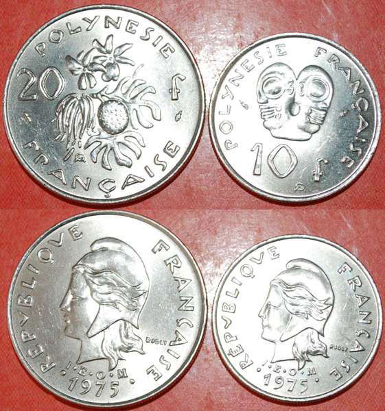  * FRANCE (1972-2005)★FRENCH POLYNESIA★10-20 FRANCS 1975 SET OF 2 COINS! UNC★LOW START! ★ NO RESERVE!   