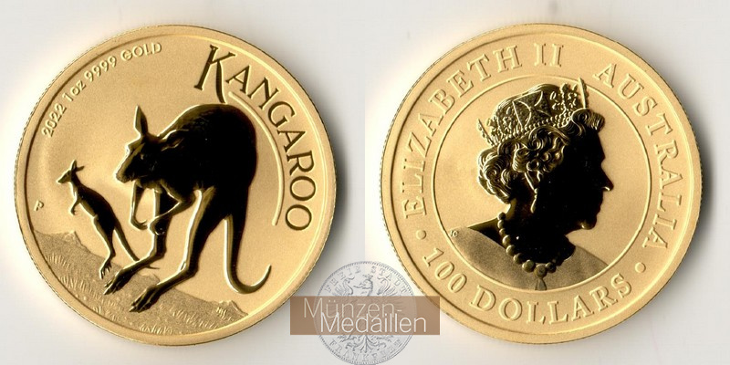Australien  100 Dollar MM-Frankfurt Feingold: 31,1g Kangaroo 2022 