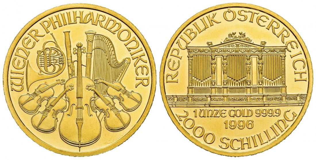 PEUS 8635 Österreich 31,1 g Feingold. Wiener Philharmoniker 2000 Schilling GOLD Unze 1996 Stempelglanz