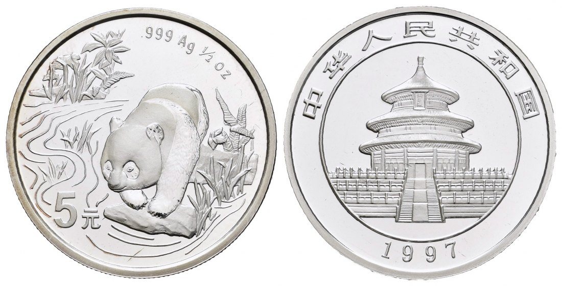 PEUS 8639 China 15,55 g Feinsilber. Panda am Fluss 5 Yuan SILBER 1997 Proof (Kapsel)