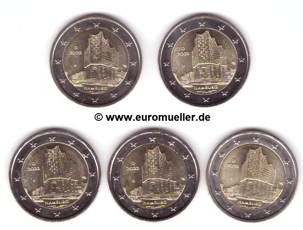 Deutschland 5x 2 Euro Gedenkmünze 2023...Hamburg...unc.   