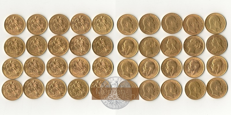 Grossbritannien MM-Frankfurt Feingewicht: 146,4 Gold 20 x Sovereign verschiedene vorzüglich/sehr schön