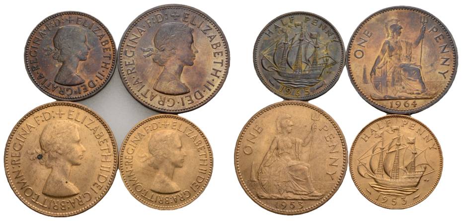  Ausland; Großbritannien; 4 Kleinmünzen 1953-1964   