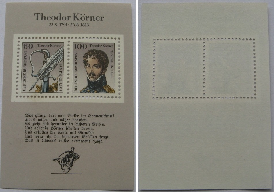  1991, Germany, the philatelic sheet: 200th birthday of Theodor Körner   