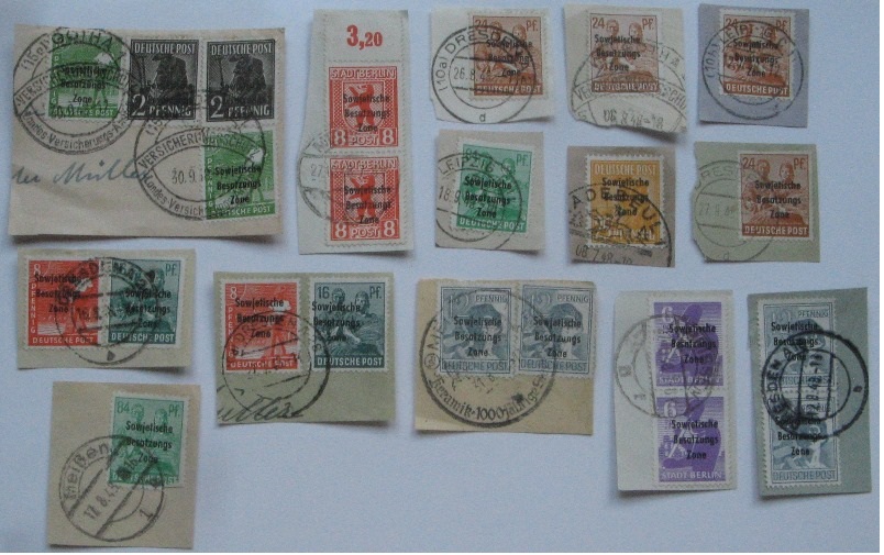  1948, Deutschland, Sowjetische Besatzungszone, ein Satz von 14 Stk. Briefstücke (Mi DD 182-202)   