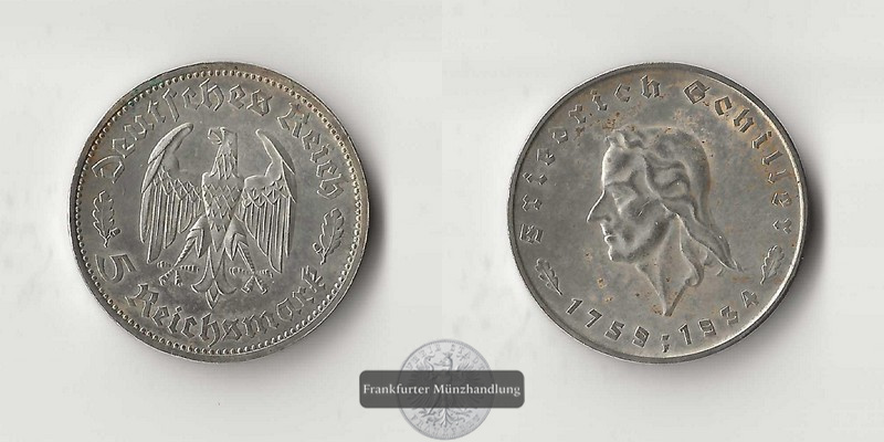  Deutsches Reich, Drittes Reich  5 Reichsmark  1934 Von Schiller   FM-Frankfurt  Feinsilber:12,47   